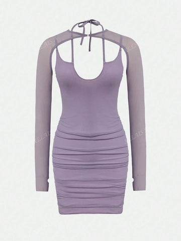 Women's Dress Set 2024 Sexy Sheer Sleeve Pleated Stretch Mesh Mini Dress Matching Set