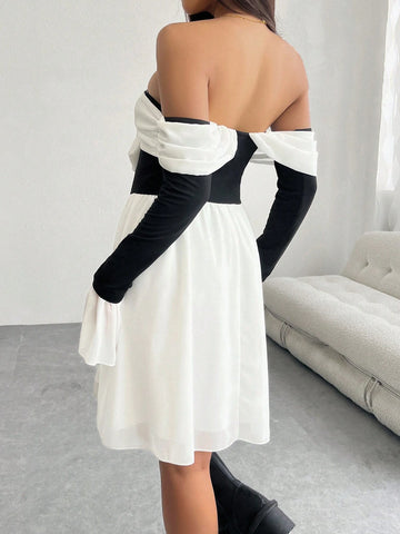 Women's Dress With Contrasting Color And Front Tie Elegant Temperament Contrasting Color And Strapless One Shoulder Dress