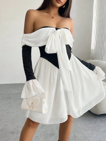 Women's Dress With Contrasting Color And Front Tie Elegant Temperament Contrasting Color And Strapless One Shoulder Dress