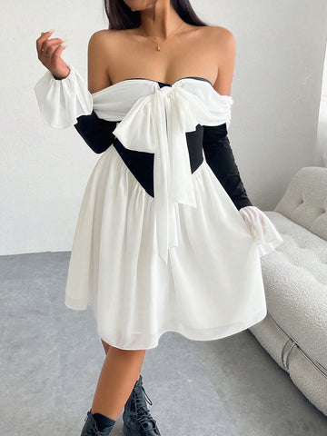 Women's Dress With Contrasting Color And Front Tie Elegant Temperament Contrasting Color And Strapless One Shoulder Dress