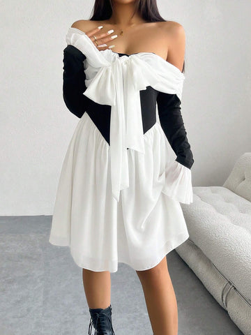 Women's Dress With Contrasting Color And Front Tie Elegant Temperament Contrasting Color And Strapless One Shoulder Dress