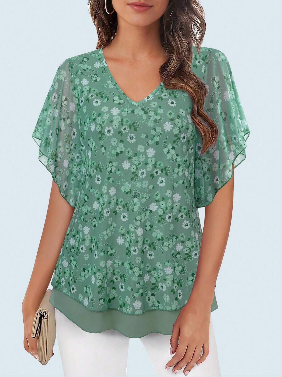 Women's Dressy Casual,Double Layers Mesh Elegant Summer Blouses,Short Sleeve V Neck Women's Tunic Tops