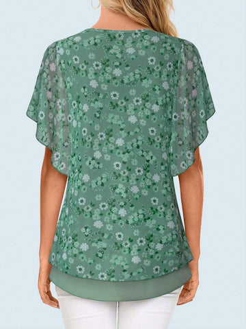 Women's Dressy Casual,Double Layers Mesh Elegant Summer Blouses,Short Sleeve V Neck Women's Tunic Tops