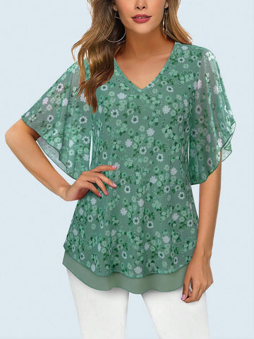 Women's Dressy Casual,Double Layers Mesh Elegant Summer Blouses,Short Sleeve V Neck Women's Tunic Tops