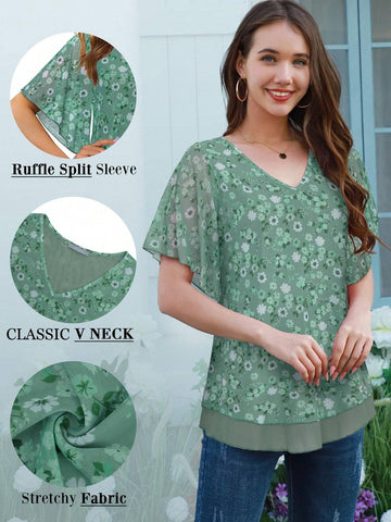 Women's Dressy Casual,Double Layers Mesh Elegant Summer Blouses,Short Sleeve V Neck Women's Tunic Tops