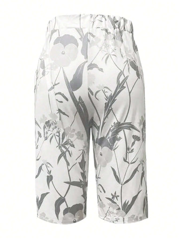 Women's Elastic Waist Floral Print Loose Pocket Casual Bermuda Shorts