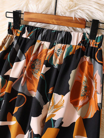 Women's Elastic Waist Floral Printed Skirt