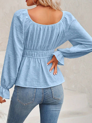 Women's Elastic Waist Round Neck Top With Ruffle Sleeves And Pleats, Autumn/Winter