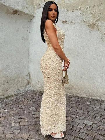 Women's Elegant 3D Floral Sexy See-Through V-Neck High Waist Slim Fit Formal Party Dress