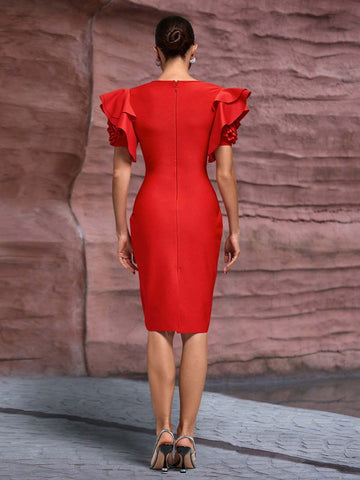 Women's Elegant 3D Floral Sleeve Party Bandage Dress