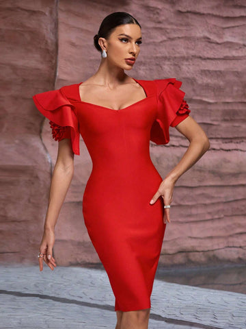 Women's Elegant 3D Floral Sleeve Party Bandage Dress