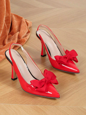 Women's Elegant Butterfly Decor Pointed Toe Mules High Heel Slip-On Shoes Sexy Backless Satin Red High Heels