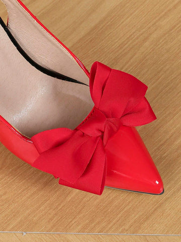 Women's Elegant Butterfly Decor Pointed Toe Mules High Heel Slip-On Shoes Sexy Backless Satin Red High Heels