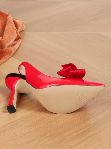 Women's Elegant Butterfly Decor Pointed Toe Mules High Heel Slip-On Shoes Sexy Backless Satin Red High Heels