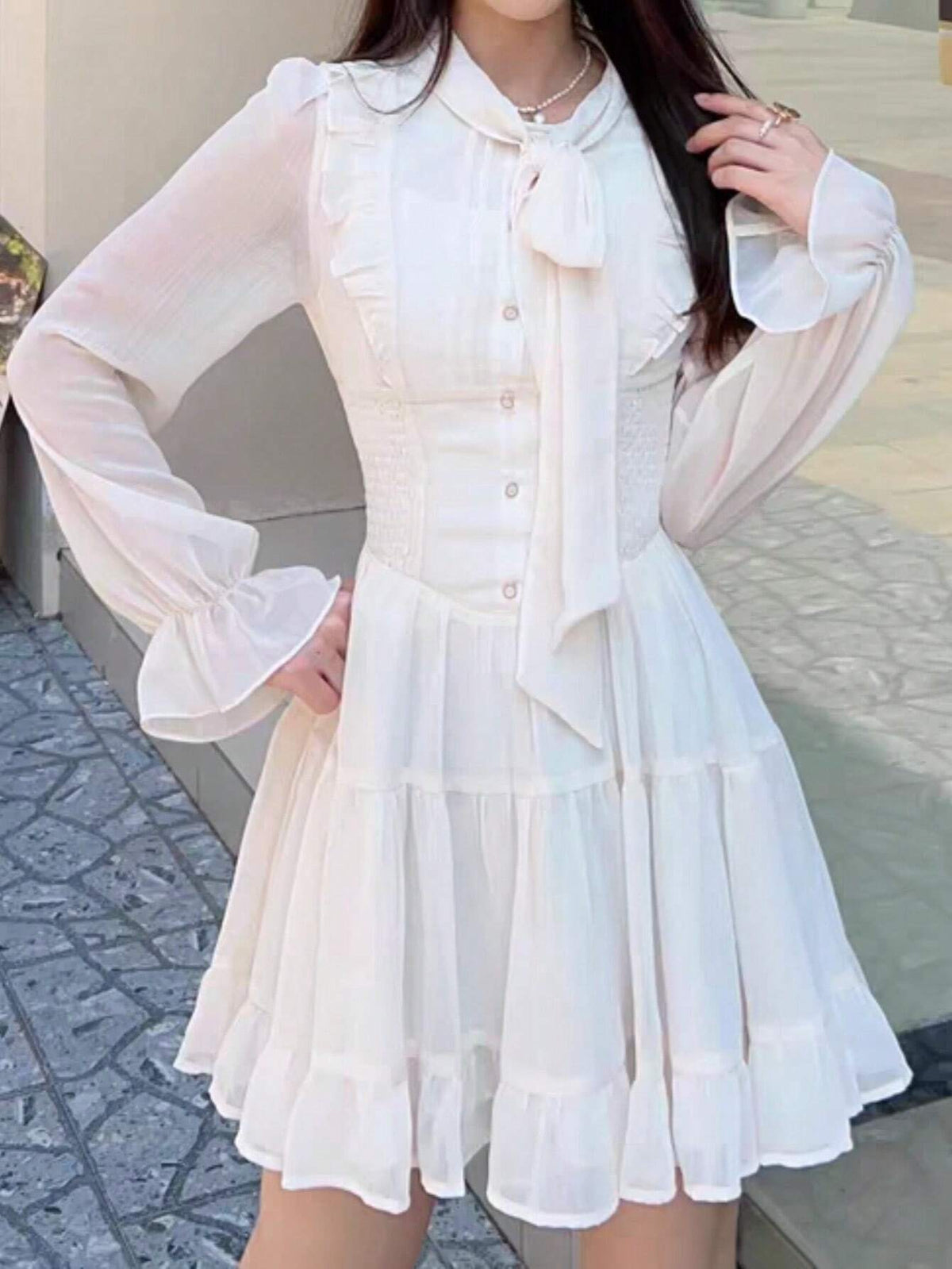 Women's Elegant Chiffon Tie-Neck Dress, Solid Color Casual Mini Skirt, Spring/Summer