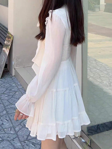 Women's Elegant Chiffon Tie-Neck Dress, Solid Color Casual Mini Skirt, Spring/Summer