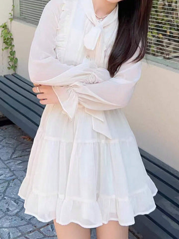 Women's Elegant Chiffon Tie-Neck Dress, Solid Color Casual Mini Skirt, Spring/Summer