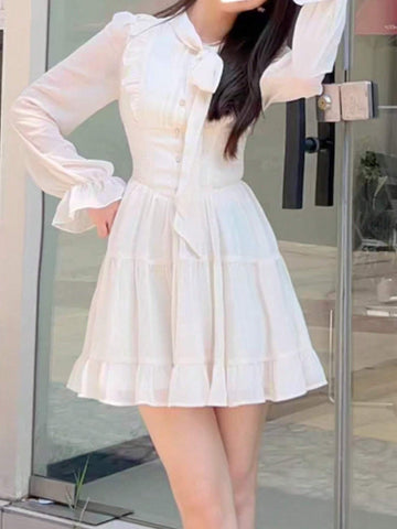 Women's Elegant Chiffon Tie-Neck Dress, Solid Color Casual Mini Skirt, Spring/Summer