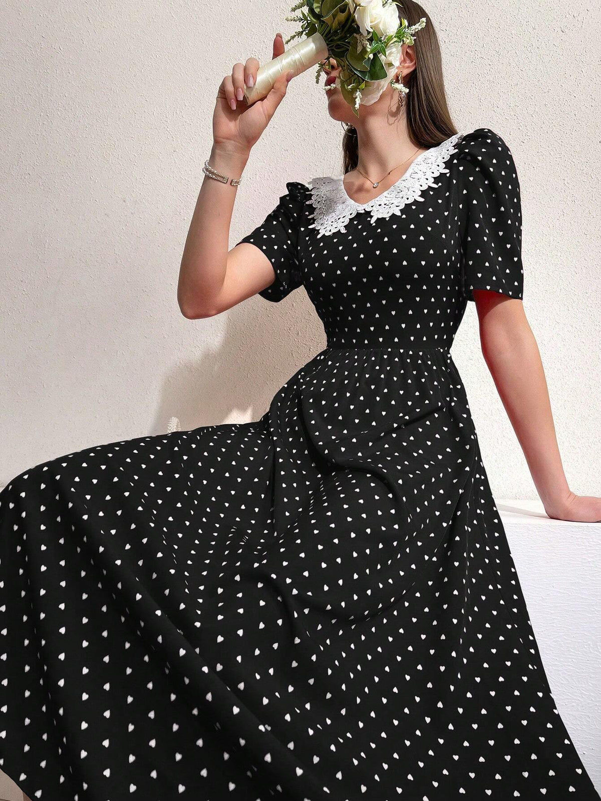 Women's Elegant Color-Block Polka Dot Printed Puff Sleeve Dress With Lace Patchwork, Summer