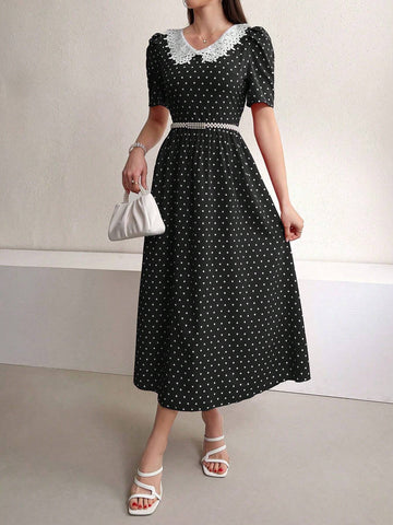 Women's Elegant Color-Block Polka Dot Printed Puff Sleeve Dress With Lace Patchwork, Summer