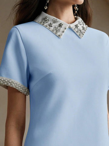 Women's Elegant Colorblock Collared Faux Pearl Decor Straight Dress, Spring/Summer
