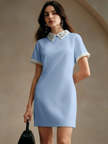 Women's Elegant Colorblock Collared Faux Pearl Decor Straight Dress, Spring/Summer