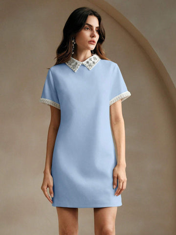 Women's Elegant Colorblock Collared Faux Pearl Decor Straight Dress, Spring/Summer