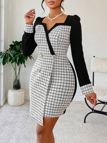 Women's Elegant Commuting Contrast Color Patchwork Long Sleeve Slim Fit Dress