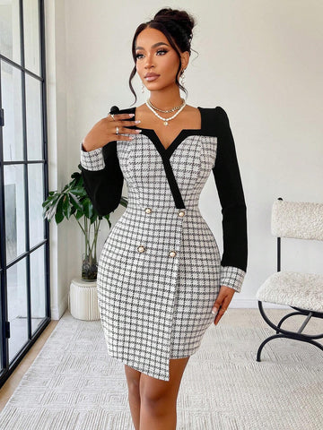 Women's Elegant Commuting Contrast Color Patchwork Long Sleeve Slim Fit Dress