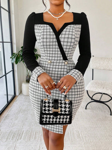 Women's Elegant Commuting Contrast Color Patchwork Long Sleeve Slim Fit Dress