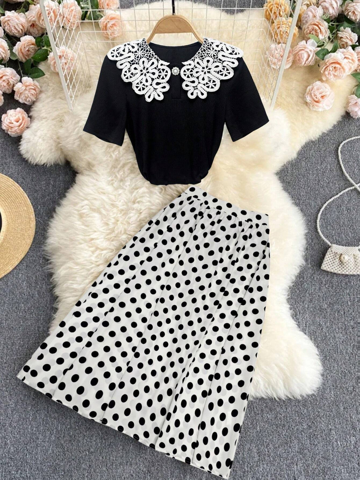Women's Elegant Contrast Color Lace Short Sleeve Top And Polka Dot Print Skirt Set For Summer