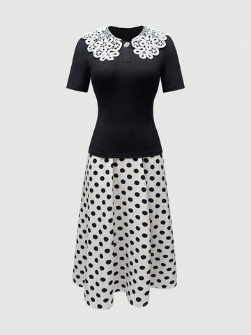Women's Elegant Contrast Color Lace Short Sleeve Top And Polka Dot Print Skirt Set For Summer