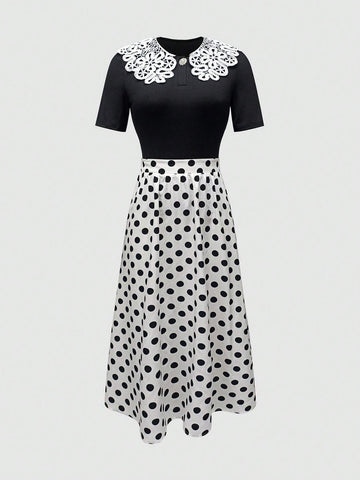 Women's Elegant Contrast Color Lace Short Sleeve Top And Polka Dot Print Skirt Set For Summer