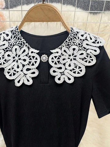 Women's Elegant Contrast Color Lace Short Sleeve Top And Polka Dot Print Skirt Set For Summer