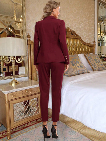 Women's Elegant Double-Breasted Blazer Jacket And Skinny Pants Suit Set, Autumn/Winter