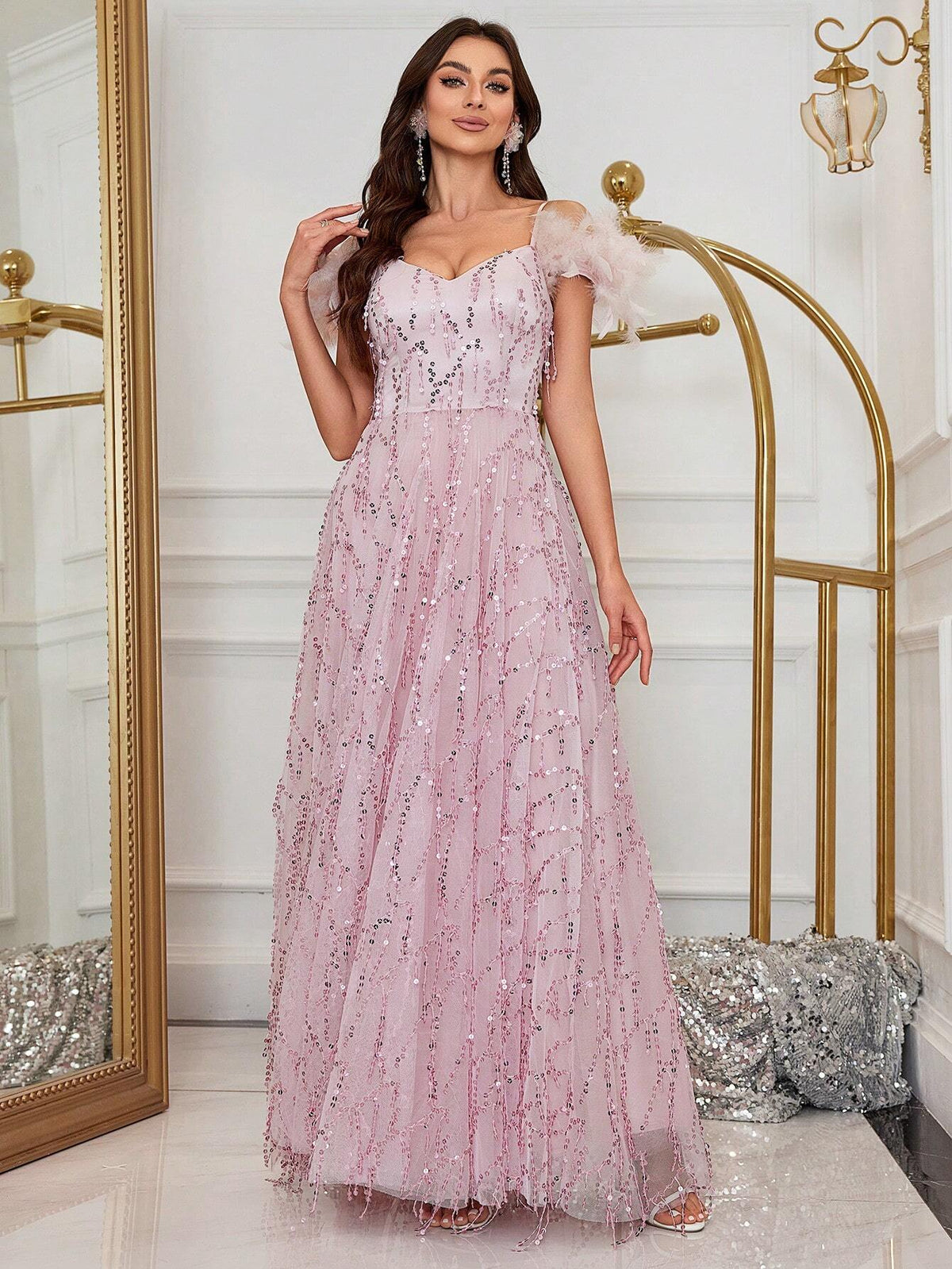 Women's Elegant Feather & Sequin Evening Dress For Prom, Party, Formal Event