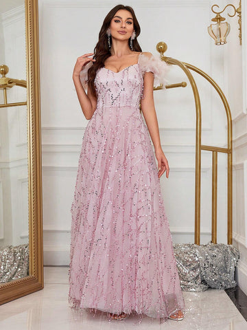 Women's Elegant Feather & Sequin Evening Dress For Prom, Party, Formal Event