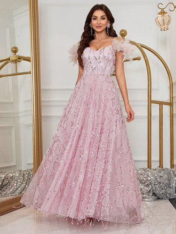 Women's Elegant Feather & Sequin Evening Dress For Prom, Party, Formal Event