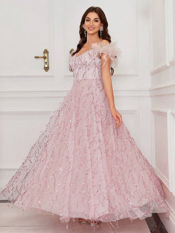 Women's Elegant Feather & Sequin Evening Dress For Prom, Party, Formal Event