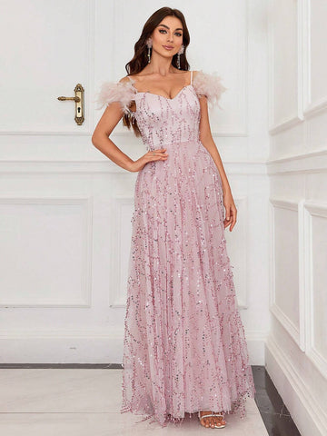 Women's Elegant Feather & Sequin Evening Dress For Prom, Party, Formal Event