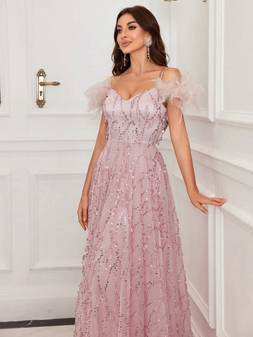 Women's Elegant Feather & Sequin Evening Dress For Prom, Party, Formal Event