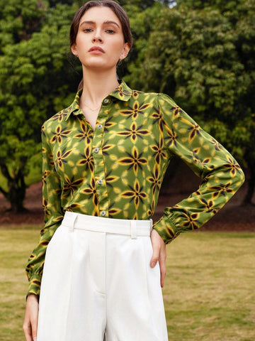 Women's Elegant Floral Print Full Body Button Down Long Sleeve Shirt, Suitable For All Seasons