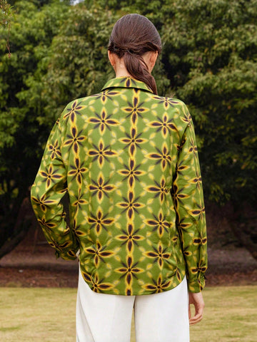 Women's Elegant Floral Print Full Body Button Down Long Sleeve Shirt, Suitable For All Seasons