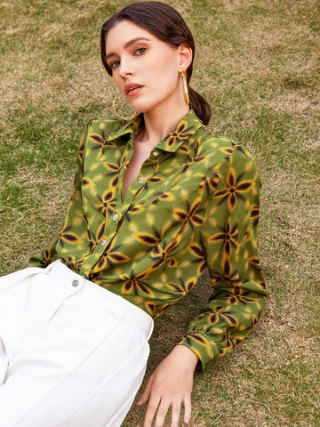 Women's Elegant Floral Print Full Body Button Down Long Sleeve Shirt, Suitable For All Seasons
