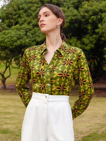 Women's Elegant Floral Print Full Body Button Down Long Sleeve Shirt, Suitable For All Seasons