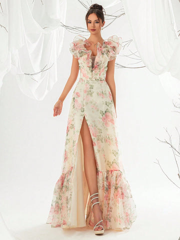 Women's Elegant Floral Print Net Yarn Dinner Dress With Frills