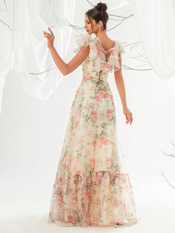 Women's Elegant Floral Print Net Yarn Dinner Dress With Frills