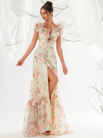 Women's Elegant Floral Print Net Yarn Dinner Dress With Frills