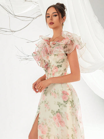 Women's Elegant Floral Print Net Yarn Dinner Dress With Frills