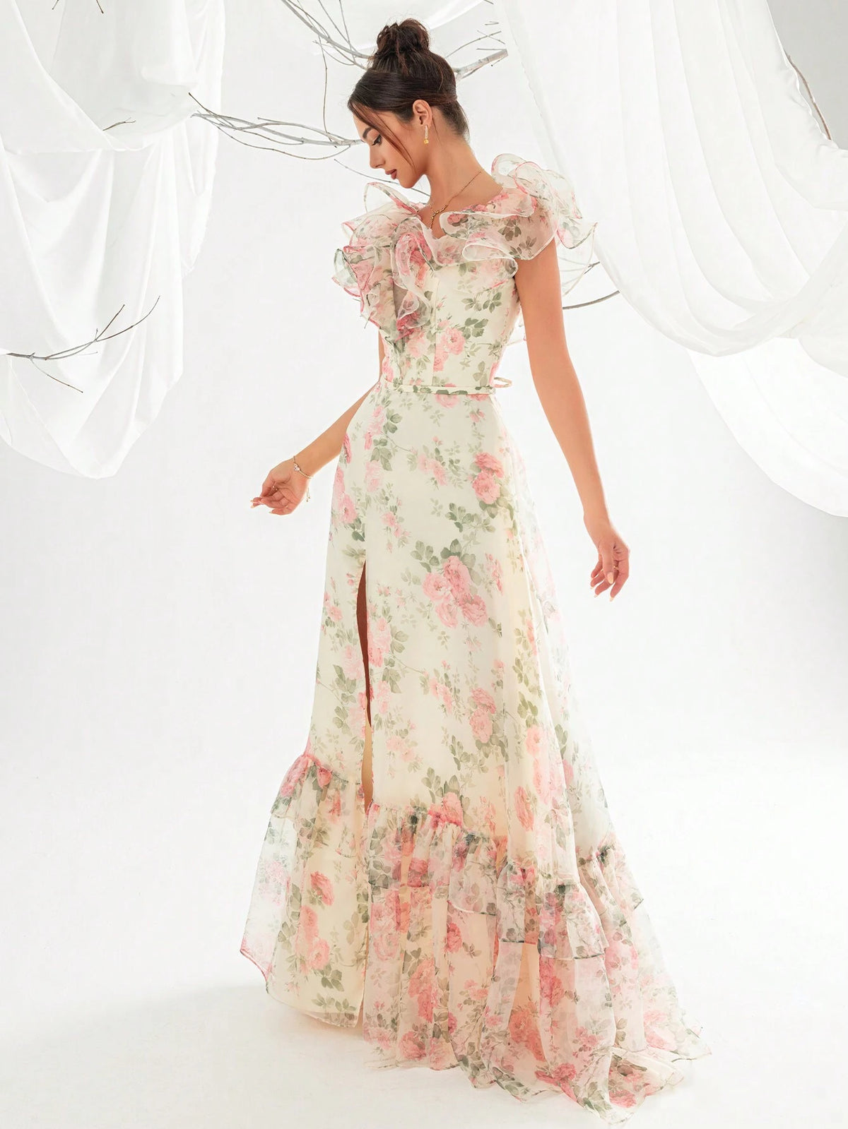 Women's Elegant Floral Print Net Yarn Dinner Dress With Frills